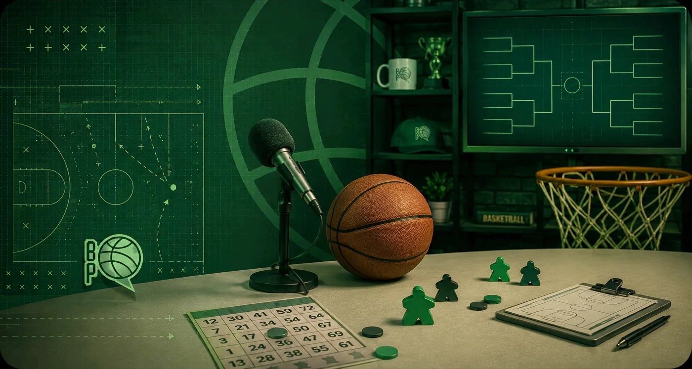 Mesa com cartela de bingo, peças de jogos e chaveamento em tons de verde