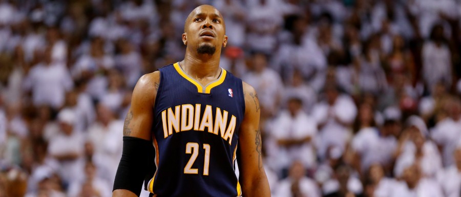 MIAMI, FL - MAY 26: David West #21 of the Indiana Pacers looks on against the Miami Heat during Game Four of the Eastern Conference Finals of the 2014 NBA Playoffs at American Airlines Arena on May 26, 2014 in Miami, Florida. NOTE TO USER: User expressly acknowledges and agrees that, by downloading and or using this photograph, User is consenting to the terms and conditions of the Getty Images License Agreement. (Photo by Mike Ehrmann/Getty Images)